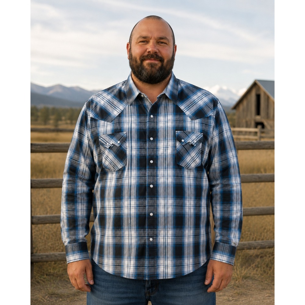 Ely Cattleman Western Shirt Men XXL Blue Plaid Pearl Snap Long Sleeve Yoke